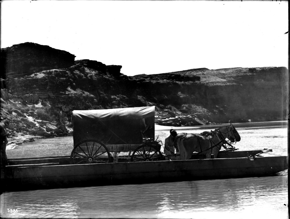 Wagon on a ferry crossing the upper Colorado River at Lee's Ferry, Grand Canyon, 1900-1930 (CHS-3888)