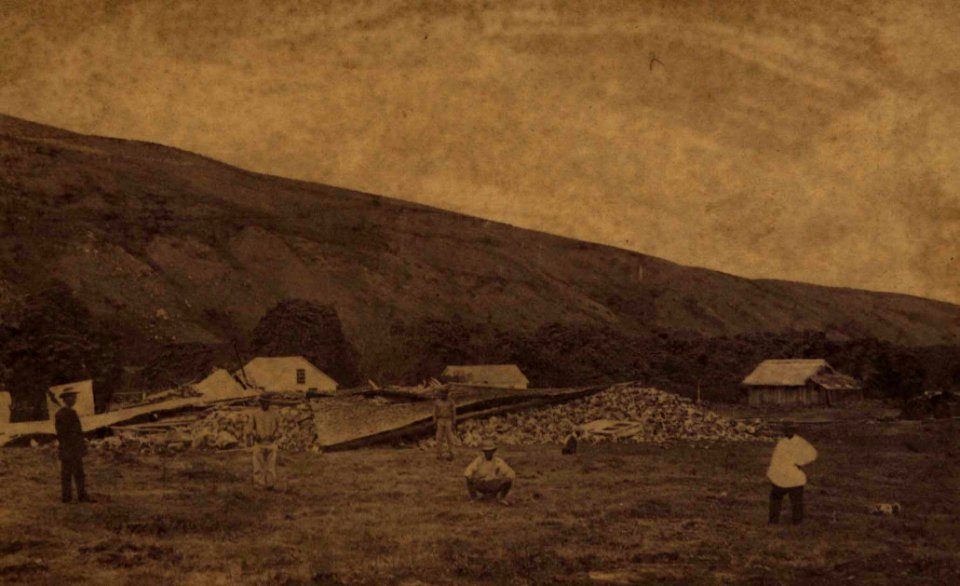 Waiohinu Church destroyed by the earthquake, 1868, photograph by H. L. Chase, Mission Houses Museum Archives