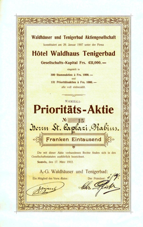 Waldhäuser und Tenigerbad AG 1912