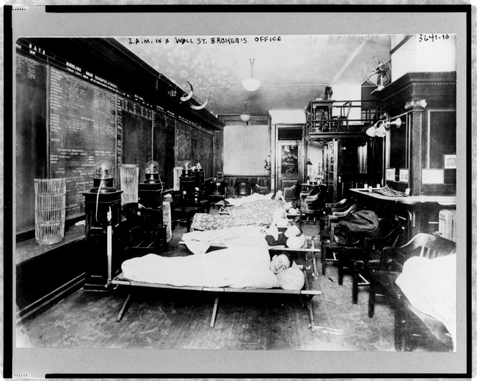 Wall St., N.Y., 2 A.M. in broker's office- Clerks sleeping in office due to excessive work caused by heavy stock business LCCN97515567