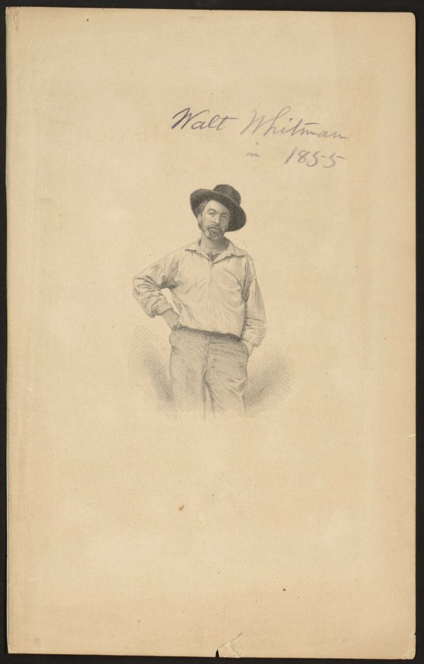 Walt Whitman, three-quarter length portrait, facing front, as a young man, dressed in rural attire for frontispiece of Leaves of Grass LCCN2004678989