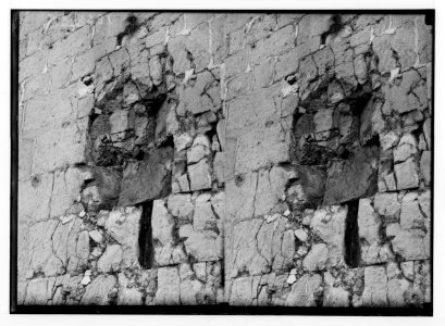 War views of Neby Samuel (Mizpah). Unexploded bomb in the Crusader wall of the mosque. LOC matpc.02241