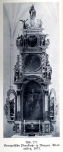 Wargen, Evangelische Pfarrkirche, Altaraufsatz, 1672, Bildhauer Joh. Pfeffer (zugeschrieben)