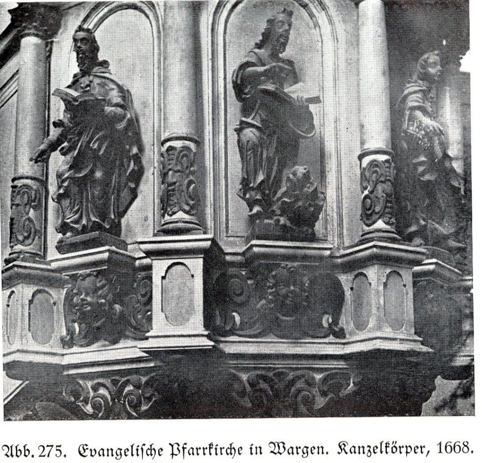Wargen, Evangelische Pfarrkirche, Kanzelkörper, 1668, Bildhauer Joh. Pfeffer (zugeschrieben)