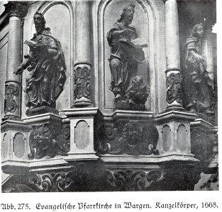 Wargen, Evangelische Pfarrkirche, Kanzelkörper, 1668, Bildhauer Joh. Pfeffer (zugeschrieben)