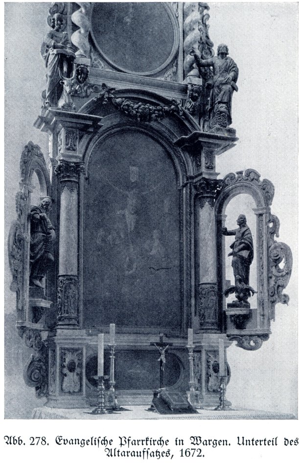 Wargen, Evangelische Pfarrkirche, Altaraufsatz, Unterteil, 1672, Bildhauer Joh. Pfeffer (zugeschrieben)