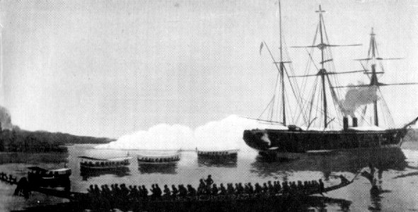 SMS OLGA bei der Beschießung von Hickorytown (Duala), Kamerun, Dezember 1884