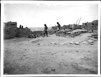 Snake priests out at sunrise to hunt for ceremonial snakes on first day of Snake Dance Ceremony at the pueblo of Oraibi, Arizona, 1898 (CHS-4658)
