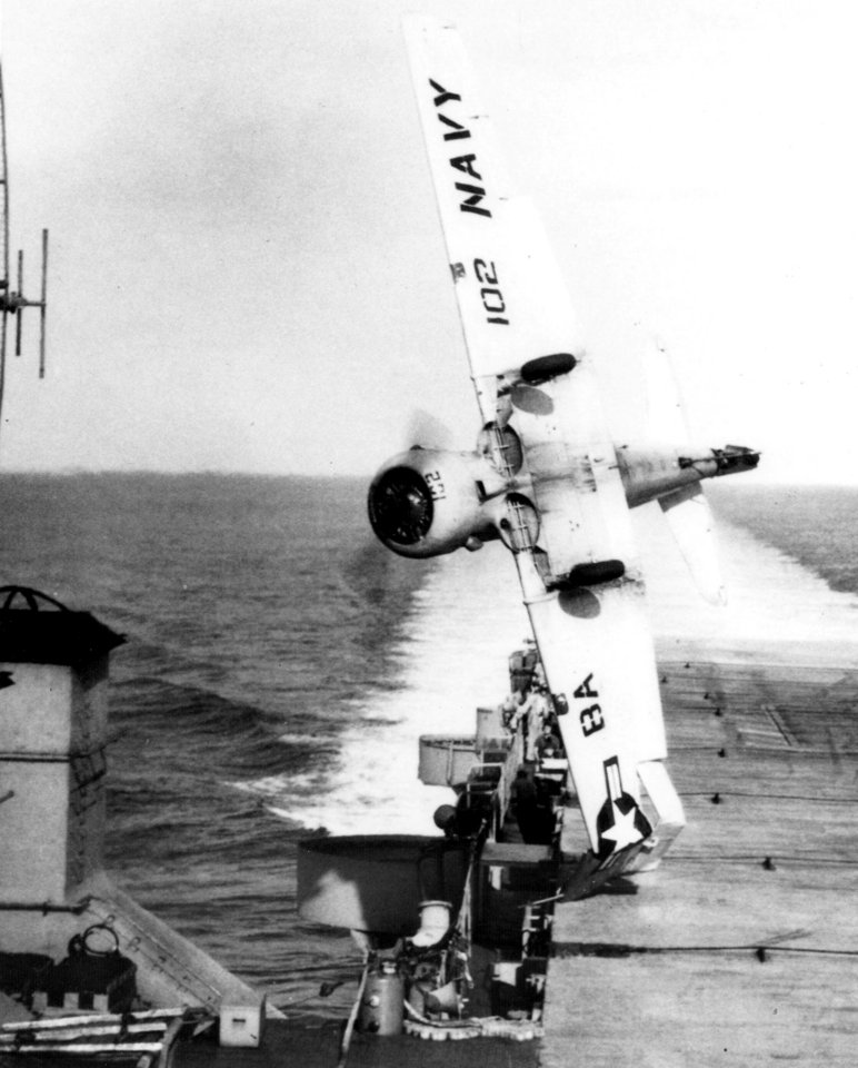 SNJ crashing on USS Monterey (CVL-26) 1953