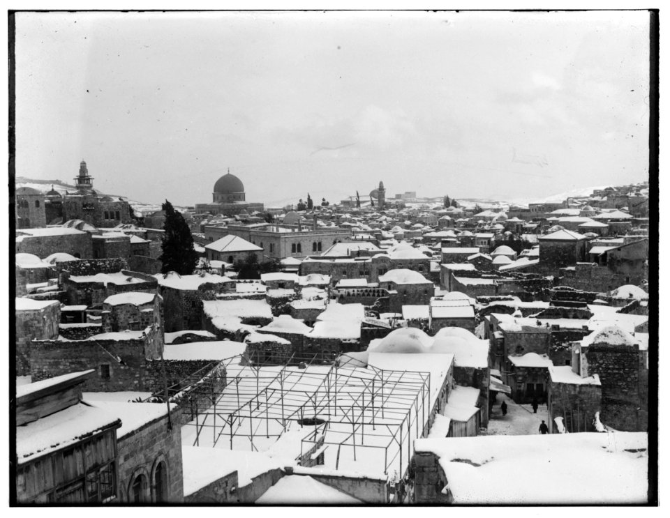 Snow in Jerusalem in 1921. View of roof tops with mosque in the distance LOC matpc.00798