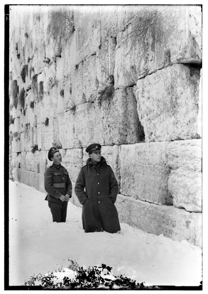 Snow in Jerusalem, 1921. British soldiers next to wall LOC matpc.00794