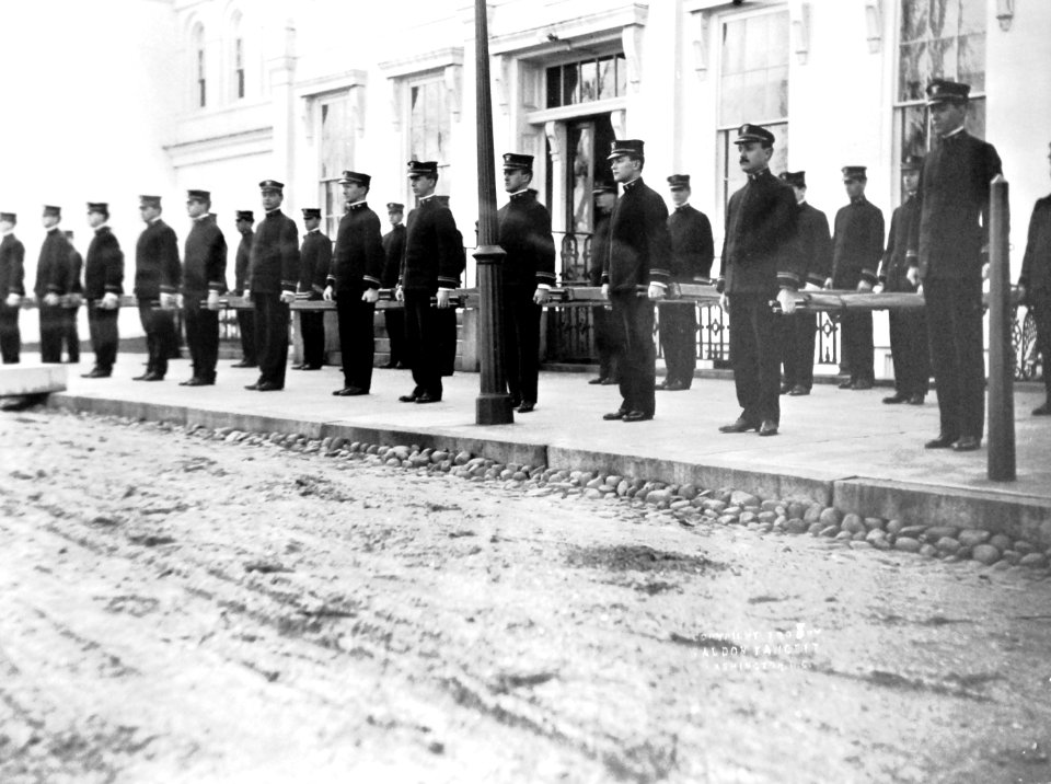 Students bearing stretchers, U.S. Naval Medical School, Washington, D.C., 1908 (19562322076)