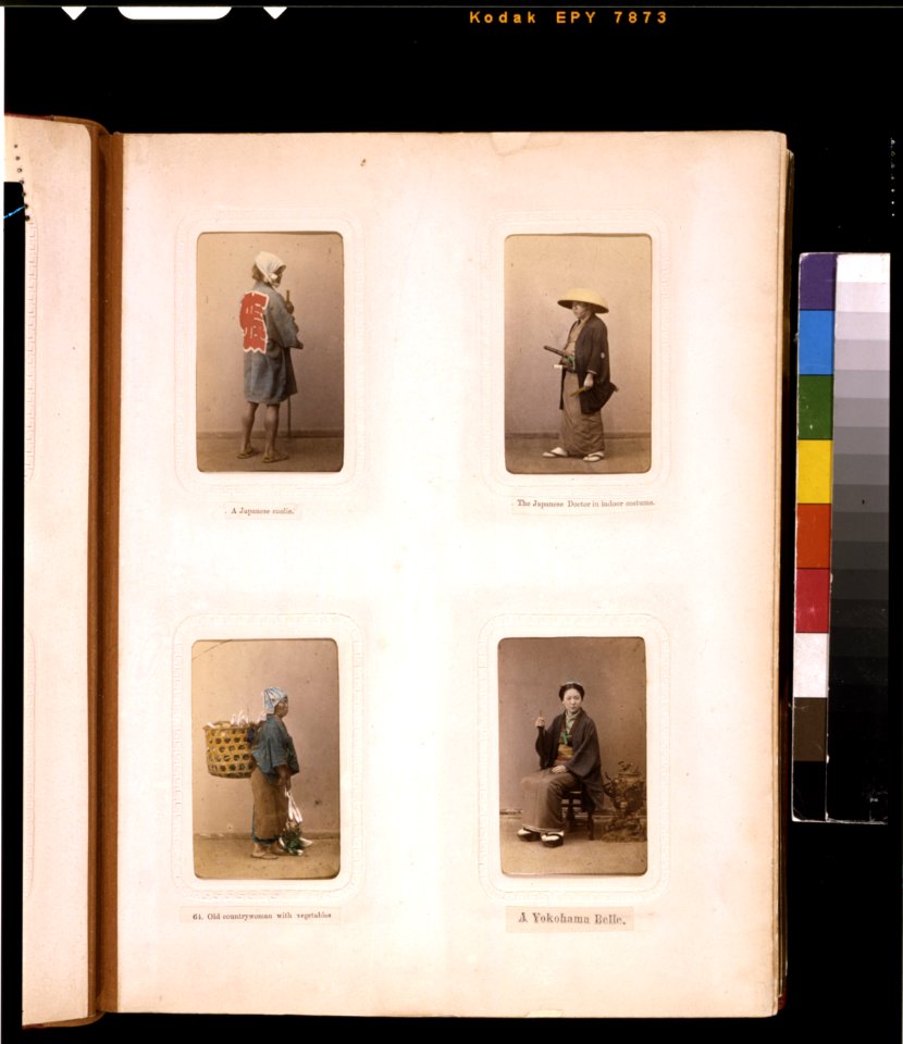 Studio portraits of a Japanese laborer, a doctor, an elderly woman carrying vegetables in a basket and a young woman LCCN2011649872