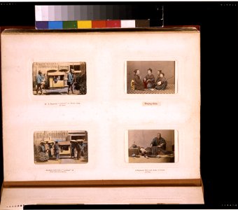 Studio portraits of Japanese women singing with shamisen, a girl being massaged, and men carrying sedan chair outdoors LCCN2011649882