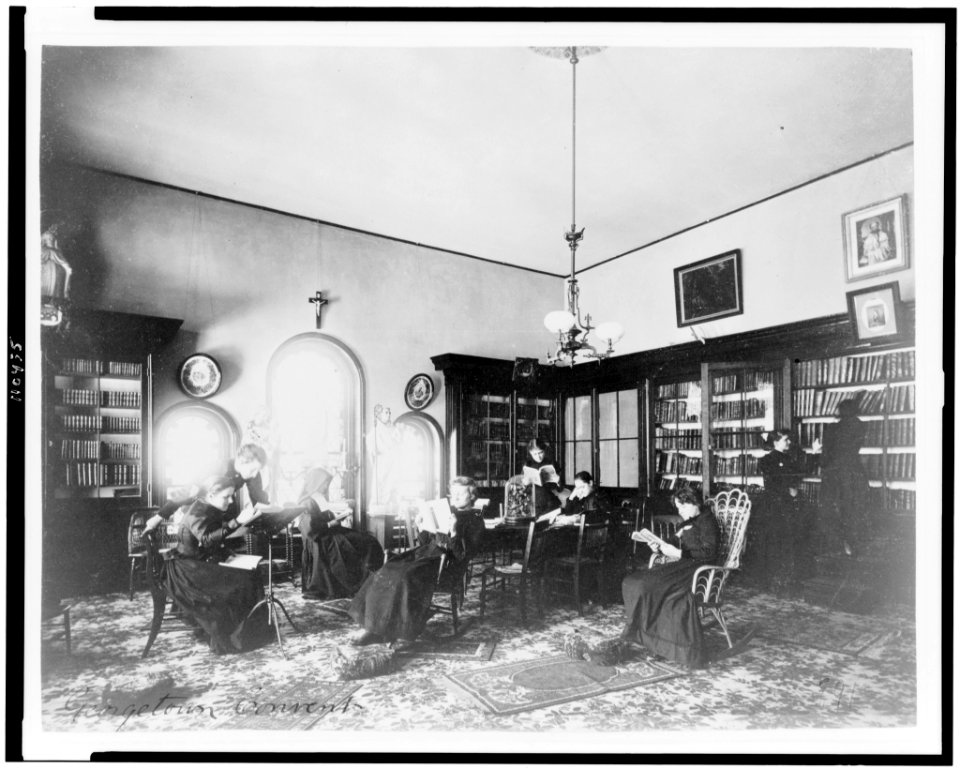 Students reading in library at Georgetown Visitation Preparatory School, Washington, D.C. LCCN94509403
