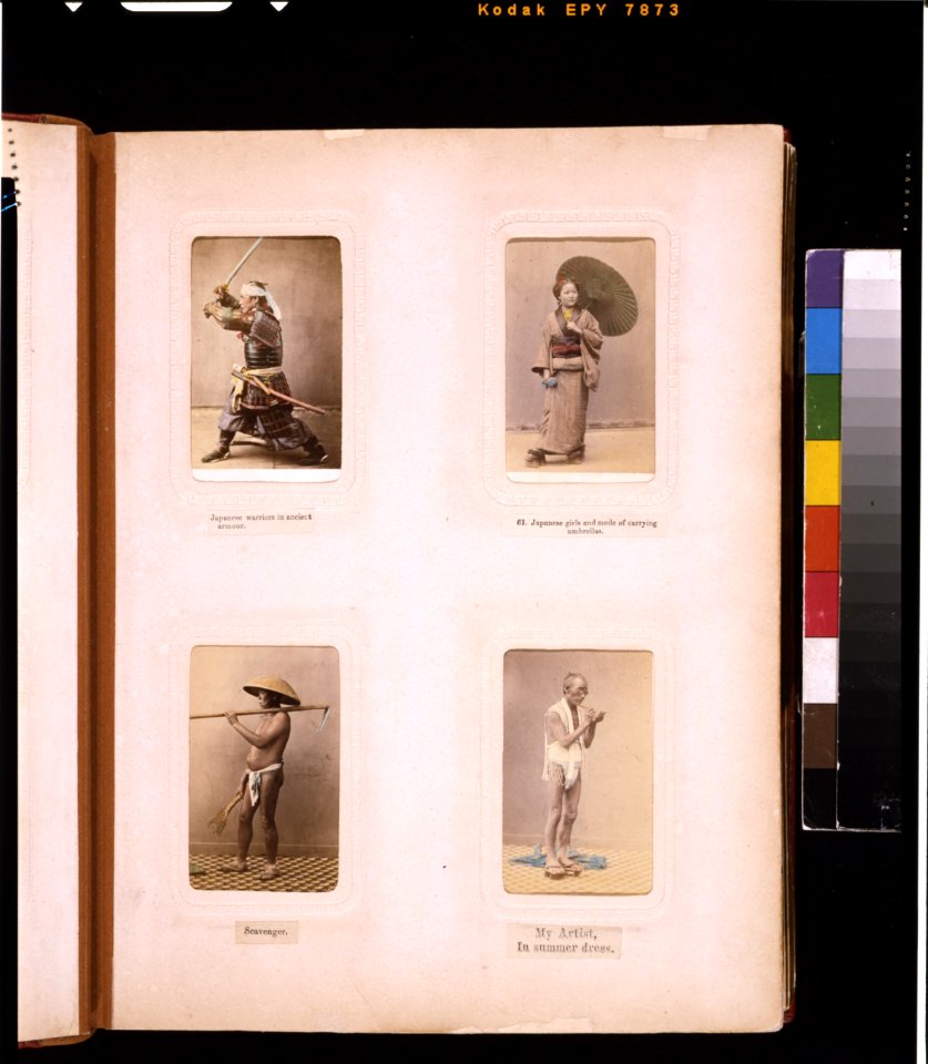 Studio portraits of a Japanese soldier in amor, a woman with a parasol, a scavenger (garbage collector), and Beato's artist with brush and object LCCN2011649874