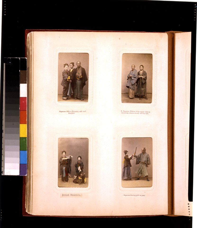 Studio portraits of a Japanese officer (yaconin) and his family; a widow in mourning and her son, women street dancers and a girl fencing with a man LCCN2011649873