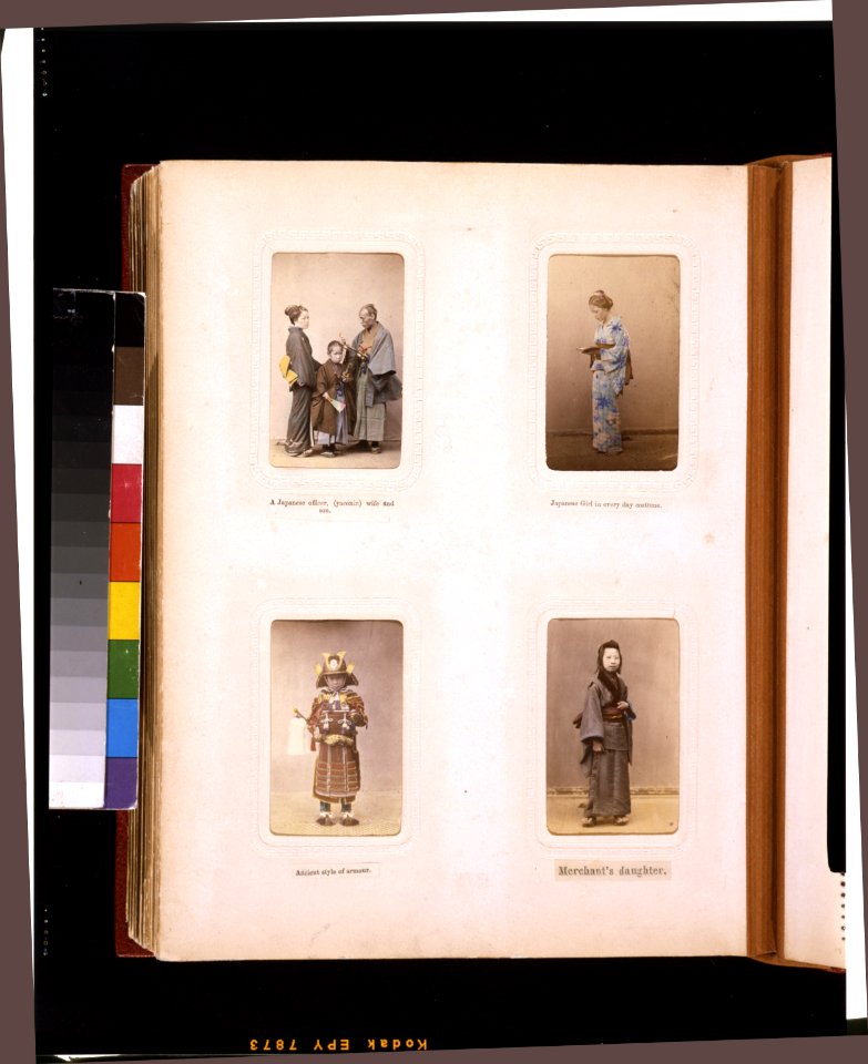 Studio portraits of a Japanese officer (yaconin) with wife and son, a woman, a child in antique armor, and a merchant's daughter LCCN2011649898