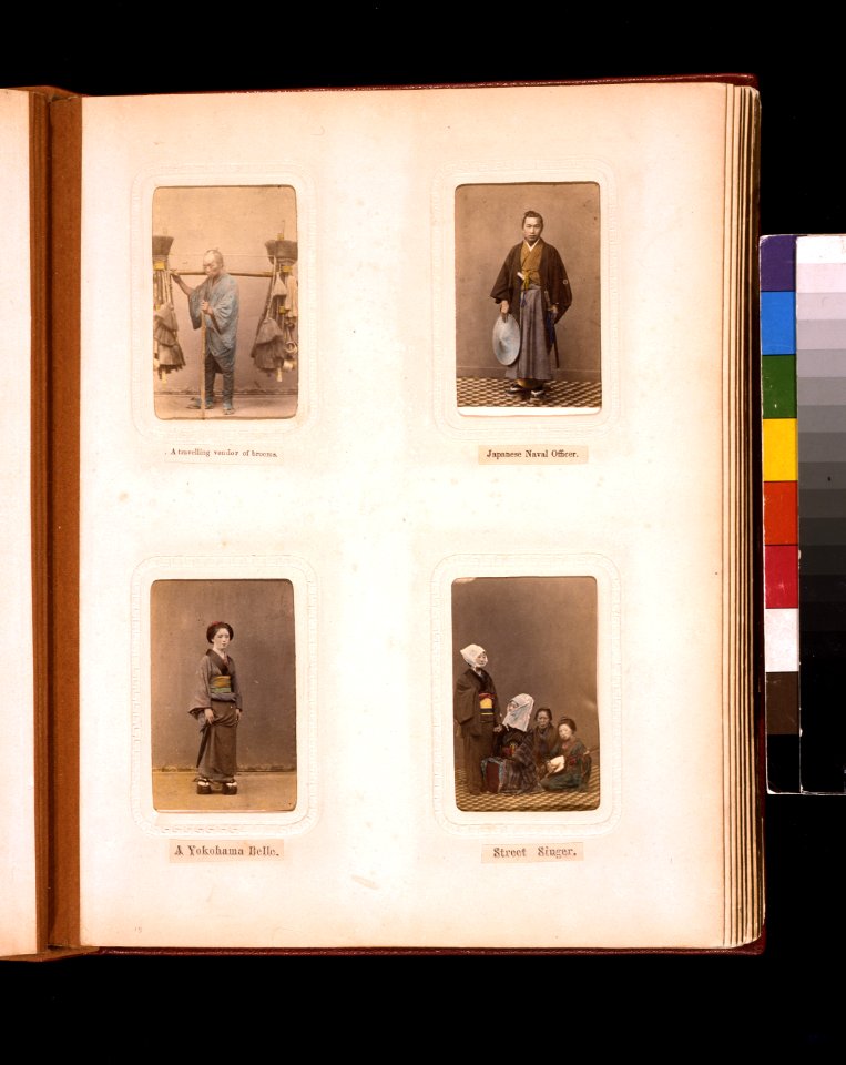 Studio portraits of a Japanese broom vendor, a naval officer, a woman, and women street singers LCCN2011649897