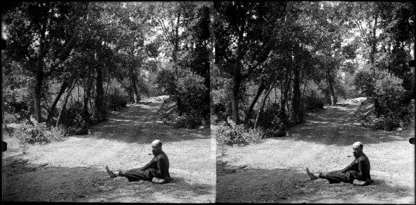 Un home assegut a la vora d'un camí enmig d'un bosc