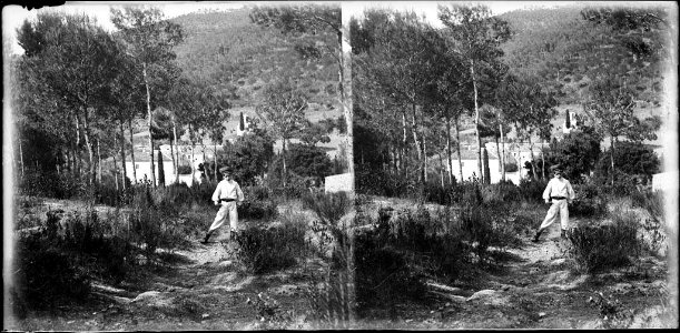 Un nen en un bosc i al fons alguns edificis