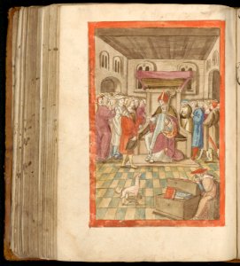 Un évêque assis et une assemblée Ms 139