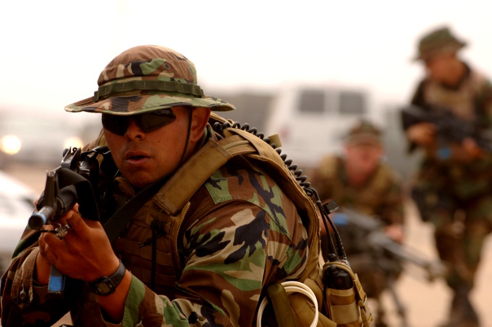 US Navy 060830-N-9818V-033 Master-at-Arms 3rd Class Andres Mejia, assigned to Mobile Security Squadron Three, participates in security drills conducted at Camp Fish, during exercise Seahawk 2006