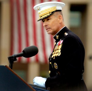 US Navy 060911-N-0696M-090 Chairman of the Joint Chiefs of Staff, Marine Gen. Peter Pace speaks to attendees at a memorial ceremony at the Pentagon remembering the 5th anniversary of terrorist attacks on the United States (cropped)