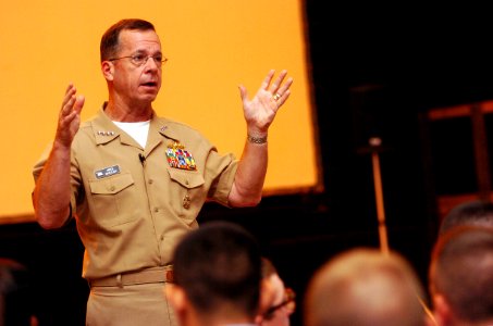 US Navy 060908-N-0696M-052 Chief of Naval Operations (CNO) Adm. Mike Mullen addresses Seabees at an all hands call at Naval Construction Battalion Center Gulfport