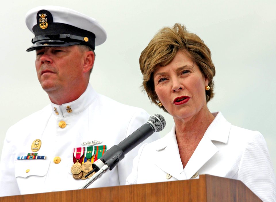 US Navy 060909-N-7441H-002 During the commissioning of the Virginia-class attack submarine USS Texas (SSN 775), First Lady, and boats official sponsor Laura Bush gives the command to man our ship and bring her to life