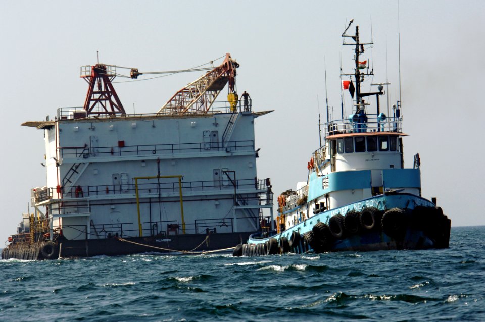 US Navy 061017-N-8148A-071 The chartered barge Ocean 6 being towed by tug boat Dona II in the Persian Gulf