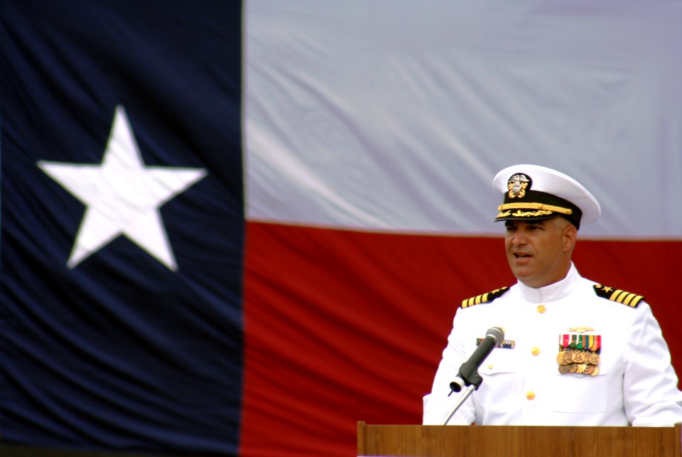 US Navy 060909-N-0653J-006 The Commanding Officer of the Virginia-class attack submarine USS Texas (SSN 775), Capt. John J. Litherland, addresses assembled guests and dignitaries during the boats commissioning ceremony