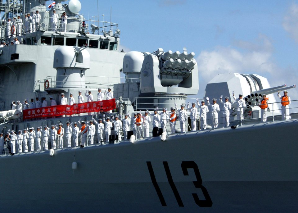 US Navy 060910-N-0879R-012 Sailors aboard the Chinese Navy destroyer Qingdao (DDG 113) man the rails as they depart Pearl Harbor