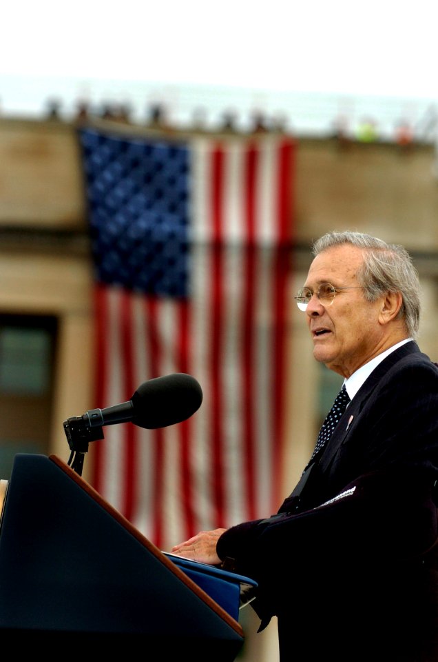 US Navy 060911-N-0696M-115 Secretary of Defense Donald H. Rumsfeld speaks to attendees at a memorial ceremony at the Pentagon remembering the 5th anniversary of terrorist attacks on the United States