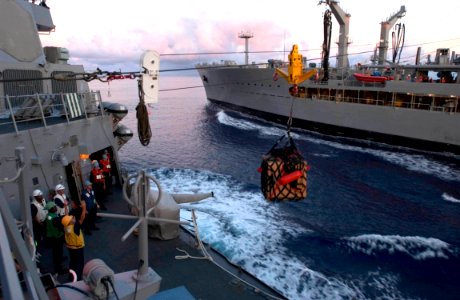 US Navy 060909-N-9851B-011 The Arleigh Burke-class guided missile destroyer USS Hopper (DDG 70) receives stores from the Military Sealift Command underway replenishment ship USNS John Ericsson (TAO-194) during a connected reple photo