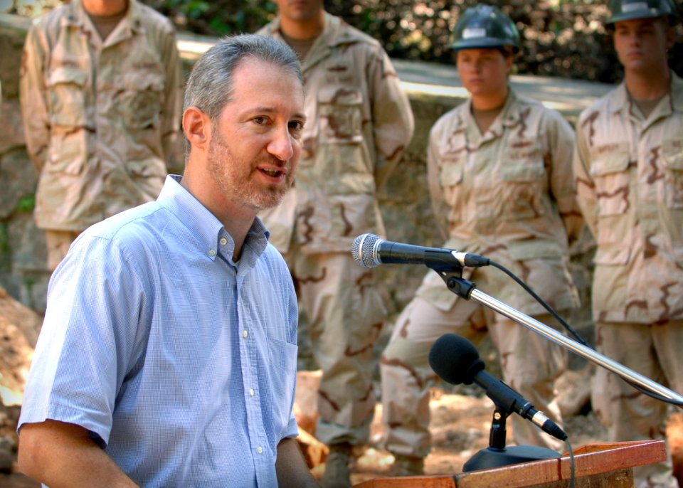 US Navy 061011-N-1328C-114 Charge D' Affaires Stephen Schwartz of the U.S. Embassy Port Louis, Mauritius, speaks to media, guests and U.S. military members during the ground breaking ceremony of the Bair St. Anne hospital mortu