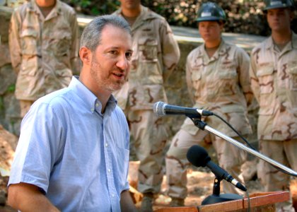 US Navy 061011-N-1328C-114 Charge D' Affaires Stephen Schwartz of the U.S. Embassy Port Louis, Mauritius, speaks to media, guests and U.S. military members during the ground breaking ceremony of the Bair St. Anne hospital mortu