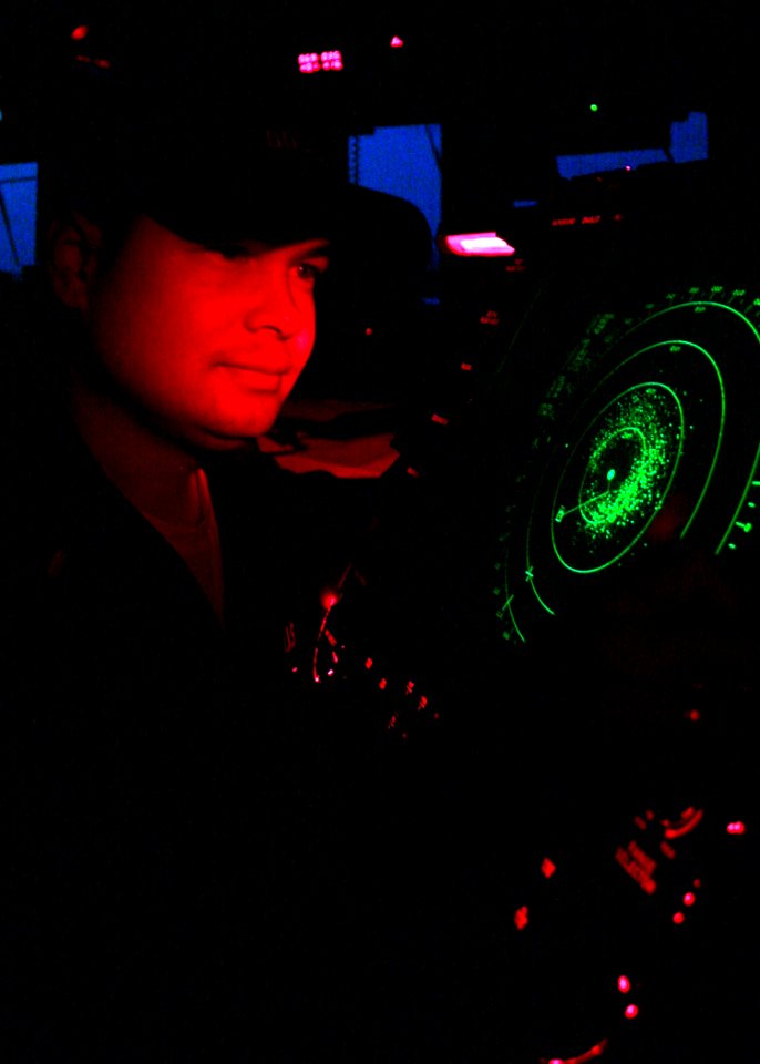 US Navy 061019-N-4953E-001 While performing his duties as conning officer, Ens. Christopher Caraway tracks ship contacts on the AN-SPA-25G on the bridge of guided-missile destroyer USS Stethem (DDG 63)