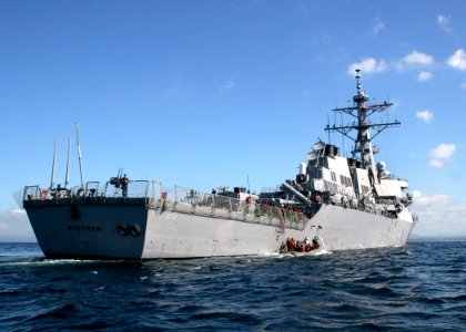 US Navy 061023-N-4953E-001 A visit, board, search, and seizure team assigned to guided-missile destroyer USS Stethem (DDG 63) and a Philippine Navy Special Operations Group (NAVSOG) board a rigid hull inflatable boat (RHIB) for