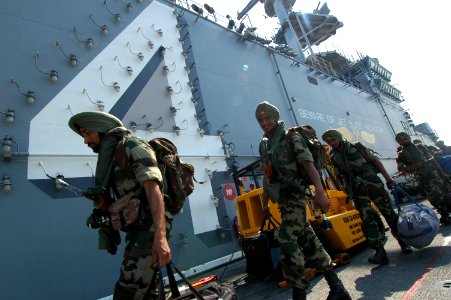 US Navy 061025-N-0209M-003 Indian Soldiers assigned to the 9th Battalion of the Sikh Infantry arrive aboard USS Boxer (LHD 4) to participate in Malabar 2006