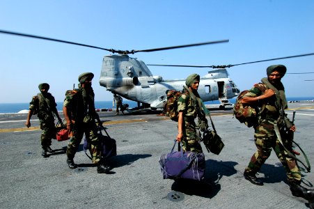 US Navy 061025-N-0209M-002 Indian Soldiers assigned to the 9th Battalion of the Sikh Infantry arrive aboard USS Boxer (LHD 4) to participate in Malabar 2006