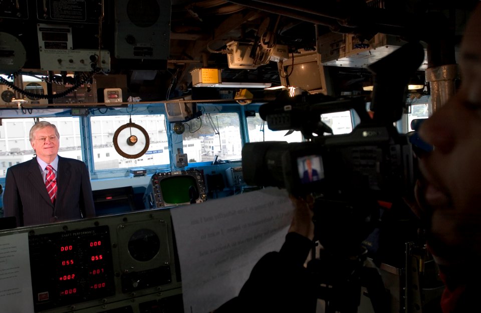 US Navy 061024-N-9851B-003 U.S. Ambassador to Japan, Mr. Thomas Schieffer, makes a commercial on the bridge of guided-missile cruiser USS Shiloh (CG 67), stressing the importance for Sailors in Japan to be good ambassadors