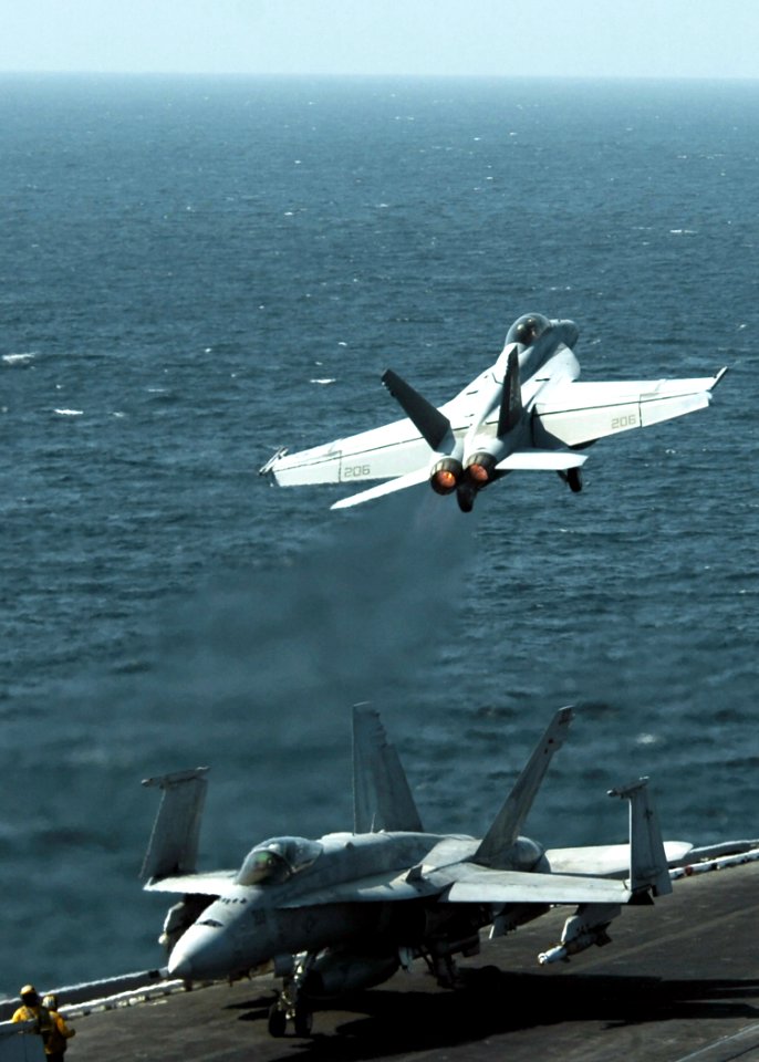 US Navy 061107-N-8907D-001 An F-A-18F Super Hornet assigned to Strike Fighter Squadron One Zero Three (VFA-103) launches from the flight deck of the Nimitz-class aircraft carrier USS Dwight D. Eisenhower (CVN 69)