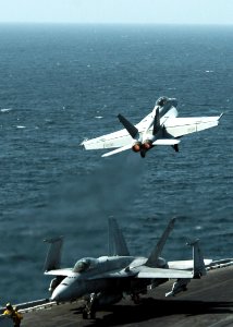 US Navy 061107-N-8907D-001 An F-A-18F Super Hornet assigned to Strike Fighter Squadron One Zero Three (VFA-103) launches from the flight deck of the Nimitz-class aircraft carrier USS Dwight D. Eisenhower (CVN 69)