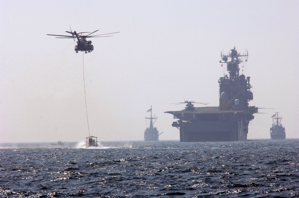 US Navy 061106-N-5555T-009 HM-53E Sea Dragon helicopters assigned to Helicopter Mine Countermeasure Squadron One Five (HM-15) demonstrate the mine sweeping capabilities of the Navy's MK-105 Magnetic Influence System