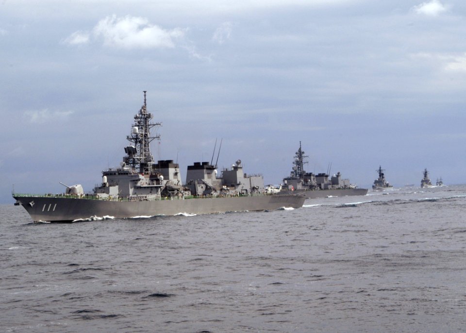 US Navy 061027-N-4649C-083 The Japanese anti-submarine warfare destroyer Onami (DD 111), leads a flotilla of ships from the Japan Maritime Self-Defense Force during a fleet review practice
