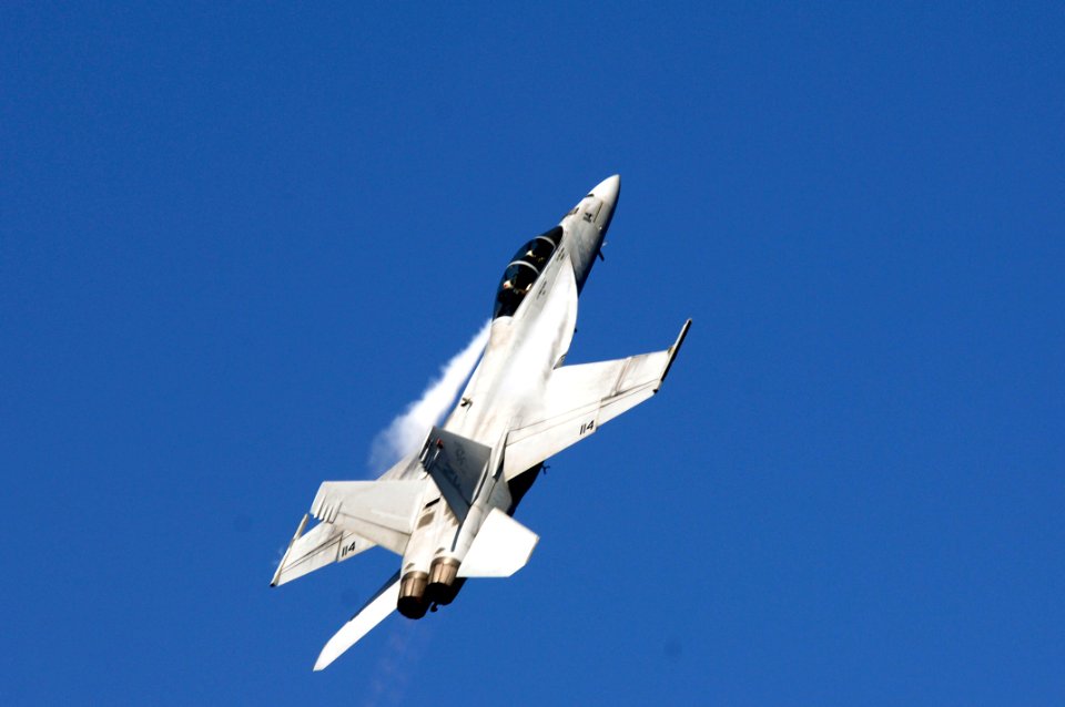 US Navy 061105-N-8591H-330 An F-A-18F Super Hornet assigned to the Diamondbacks of Strike Fighter Squadron One Zero Two (VFA-102) performs a high-speed climb during an air power demonstration