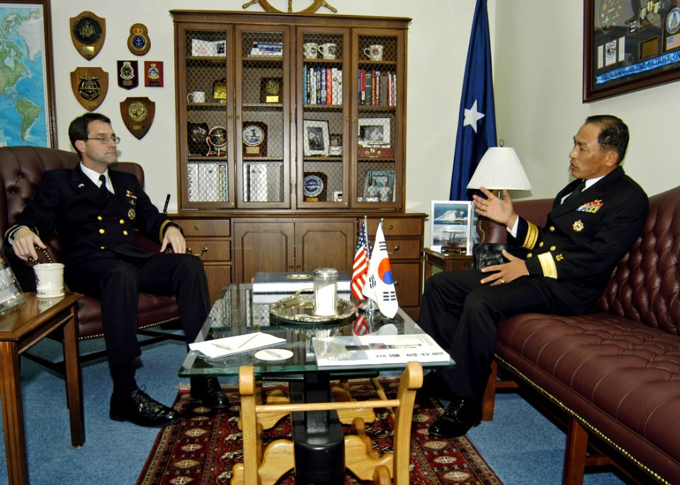 US Navy 061107-N-4649C-002 Rear Adm. James Bird (left), meets with Commander, Korean Submarine Force Rear Adm. Il Heon Bae, during the 25th Submarine Warfare Committee Meeting