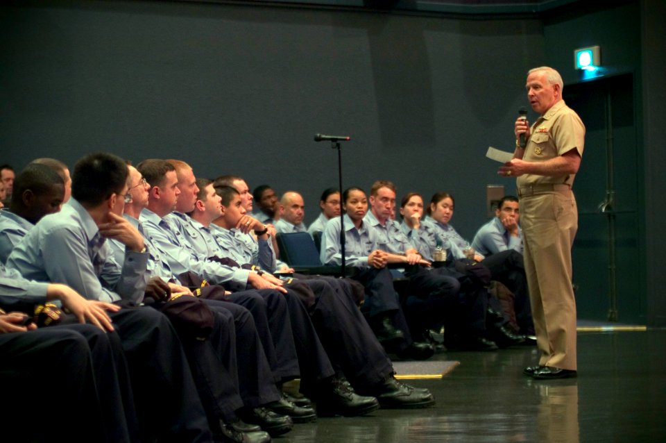 US Navy 071012-N-5253W-002 Vice Adm. Terrence Etnyre, commander of Naval Surface Forces, speaks to Fleet Activities Yokosuka Sailors at an all hands call in the Fleet Theater. Etnyre spoke about changes to the fleet and answere
