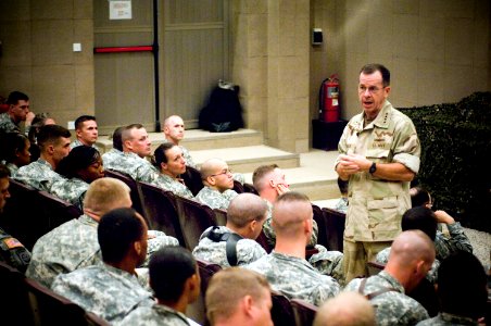 US Navy 071004-N-0696M-385 Adm. Mike Mullen, chairman of the Joint Chiefs of Staff, holds an all hands call with members of the 25th Infantry Division deployed to Forward Operating Base Speicher